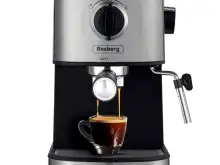 Espreso kavos aparatas Rosberg Premium OV51171F, 1.2L, 20 barų, 1100W, kremo diskas, juodas / nerūdijantis plienas