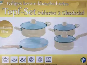 7-delt keramisk kokekar sett med myke håndtak og glasslokk