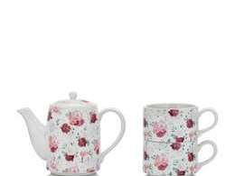 Porzellankanne mit zwei Tassen im Blumendesign bzw. Punktedesign