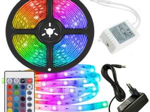WATERPROOF LED SMD TAPE 5M RGB COLORED REMOTE - WATERPROOF RGB LED Strip 5M Power Supply, Many Lighting Programs (constant, variable, flashing, tonal transition), Tape On Small LEDs
