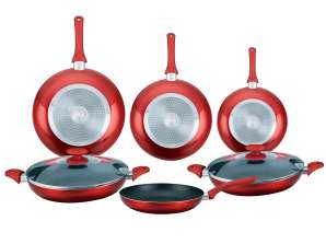 Herzberg HG-6010: Juego de utensilios de cocina con revestimiento de mármol de 8 piezas Rojo