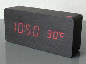 TRÆ LED UR, VÆKKEUR med termometer - Moderne LED-ur med kalender, vækkeur, termometer, lydstyring og USB-kabel - Antracit-sort farve
