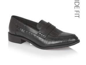 Ladies Black Leather Croc Print Loafer, låg häl, bred passform