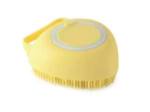 Silicone brush and cleaner for washing dogs and cats with a yellow dispenser