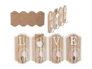 White/nature coloured Wooden key board, LOVE, with 4 hooks, 15 x 30 cm