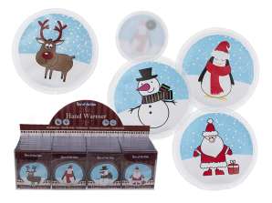 Round hand warmer, Christmas design (penguin, santa, snowman, deer), ca.10 cm