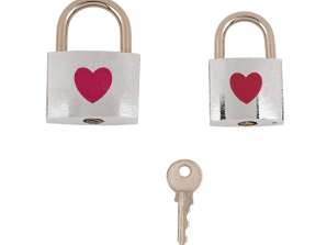 Любовна ключалка в сребрист цвят с червено сърце, 3 х 4,7 см и 3,5 х 5 см, Комплект 2 бр.