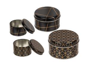 Zwarte metalen ronde doos, gouden strepen, 8,5 x 5,3 cm