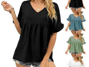 Casual solid color V-neck loose ruffle short-sleeved tops