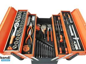 85-piece metal tool box with different tools and accessories, including all kinds of screwdrivers, bits, and a set of 1/4 and 1/2 sockets