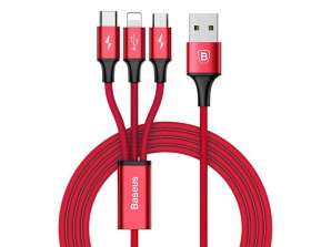 Baseus Rapid 3v1 iPhone micro USB USB-C 3A kabel červený