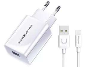 USAMS Wall charger 1x USB T22 18W 3A QC3.0 + USB-C cable 1m white