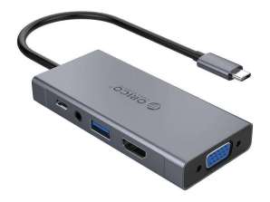 Adaptador de concentrador Orico 5in1, HDMI 4K + USB 3.0 + VGA + AUX + USB-C PD 60W