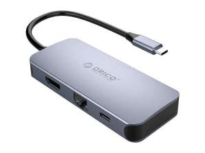 Адаптер концентратора Orico 6in1, HDMI 4K + 3x USB 3.0 + RJ45 + USB-C PD 100W