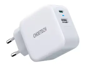 Choetech nopea seinälaturi QC PD 38W 5A USB tyyppi C + USB-A valkoinen