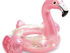 Flamingo oppustelig svømmering til børn - glimmerfyldt, slidstærk PVC, 60 kg maksimal belastning