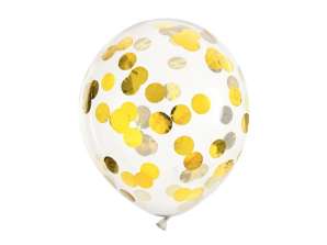 Transparent balloons with confetti, gold circles, 30 cm, 6 pieces