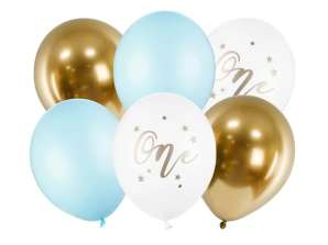 Pastelové světle modré narozeninové balónky bílé zlato modré 30cm 6ks