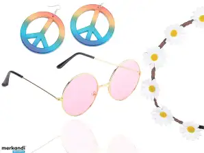 4 in 1 70er Hippie Accessoires Set mit Hippiebrille Ohrringen Blumenkette für Damen & Herren an Fasching