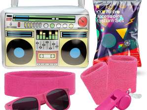 5 in 1 Retro pink Set mit Schweißbänder & Ghettoblaster uvm. - als Accessoire Vokuhila Kostüm zu Retro neon 80er 90er Party - Fasching & Karneval