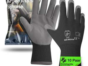 10x Paar Premium Arbeitshandschuhe - Gartenhandschuhe Einheitsgröße 7-11 für Herren & Damen - Work Gloves EN388 für Arbeit & Garten mit Latexbeschicht