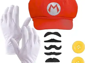 2 in 1 Set Super Mario Kostüm mit Handschuhen Schnurrbart Mütze Knöpfen als Kostüm für Fasching & Karneval