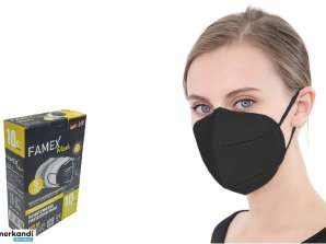Famex FFP2 apsauginės veido kaukės, 10 pakuočių, juodos - CE sertifikuotas komfortas ir kvėpavimas