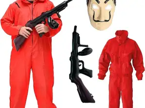 Kostüm Set Haus des Geldes für Erwachsene Unisex mit Dali Salvador Maske, aufblasbares Gewehr, roter