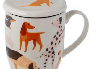Žievės šunų porceliano puodelis su arbatos užpilu ir dangteliu
