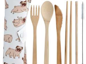 Mops the Pug Dog 6 cutlery set made of 100 bamboo in a holder
