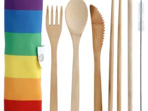 Somewhere rainbow stripes cutlery set of 6 made of 100 bamboo in holder