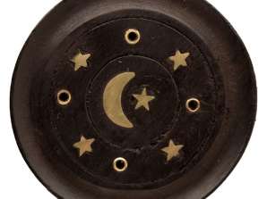 Mango Wood Moon & Stars Round Black Incense Holder per piece
