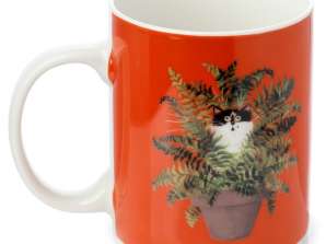 Kim Haskins katė gėlių vazonėlyje raudonas porcelianinis puodelis
