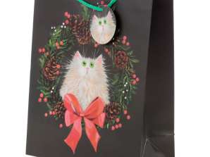 Navidad Kim Haskins Cat & Wreath Bolsa de regalo L por pieza