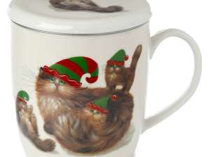 Kim Haskins Christmas Elf Cats Porcelain Mug with Tea Infuser and Lid