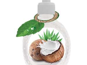 Coconut cream liquid soap 375 ml for skin care in a designer bottle.