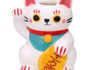 White Maneki Neko Lucky Cat Ceramic Freestanding Planter / Indoor Plant Pot