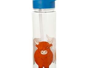 Highland Coo Kuh wiederverwendbare Plastik Wasserflasche mit faltbarem Strohhalm 550ml