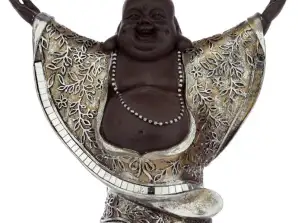 Buda chino risueño marrón y plateado con las manos en alto