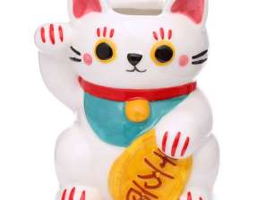 White Maneki Neko Lucky Cat Ceramic Jardinera independiente / maceta de interior