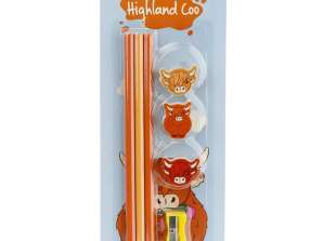 Highland Coo крава комплект от 7 молив с крава форма гума на парче