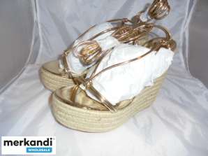 ladies gold strappy upper wedge espadrille sandal. Box packed. 3x8 bulk packed