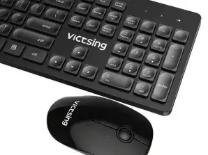 VicTsing 2,4 GHz trådløst tastatur og musekam, ultraslankt USB-tastatur lydløst musesæt sort