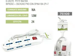 6 Italian Bypass / 3 Schuko multi-socket avec interrupteur 1,5 mètres