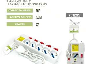 5-Place Multi-Purpose Electric Power Strip with Main Switch, 5 Independent Switches, 5 Universal Sockets - White