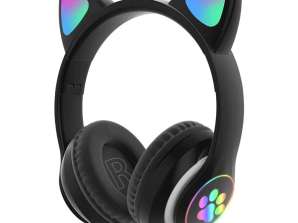 BLACK Cute Cat Ear Bluetooth Wireless Headphones Glowing LED RGB Flash Light