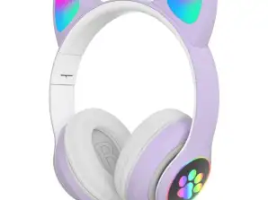 VIOLET Cute Cat Ear Bluetooth Wireless Headphones Glowing LED RGB Flash Light