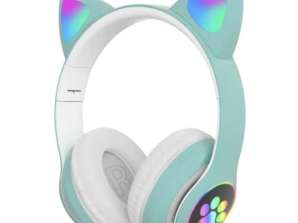 GREEN Cute Cat Ear Bluetooth Wireless Headphones Glowing LED RGB Flash Light