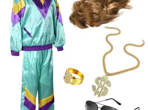 6 in 1 Vokuhila Set 80er Outfit Kostüm mit Unisex Trainingsanzug  Assi Perücke Goldkette & Brille - Fasching & Karneval