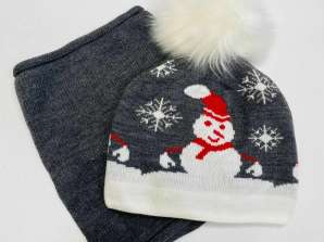 Bērnu komplekts ar sniegavīra apdruku - vilnas siltināta cepure + skurstenis - JAUNUMS
